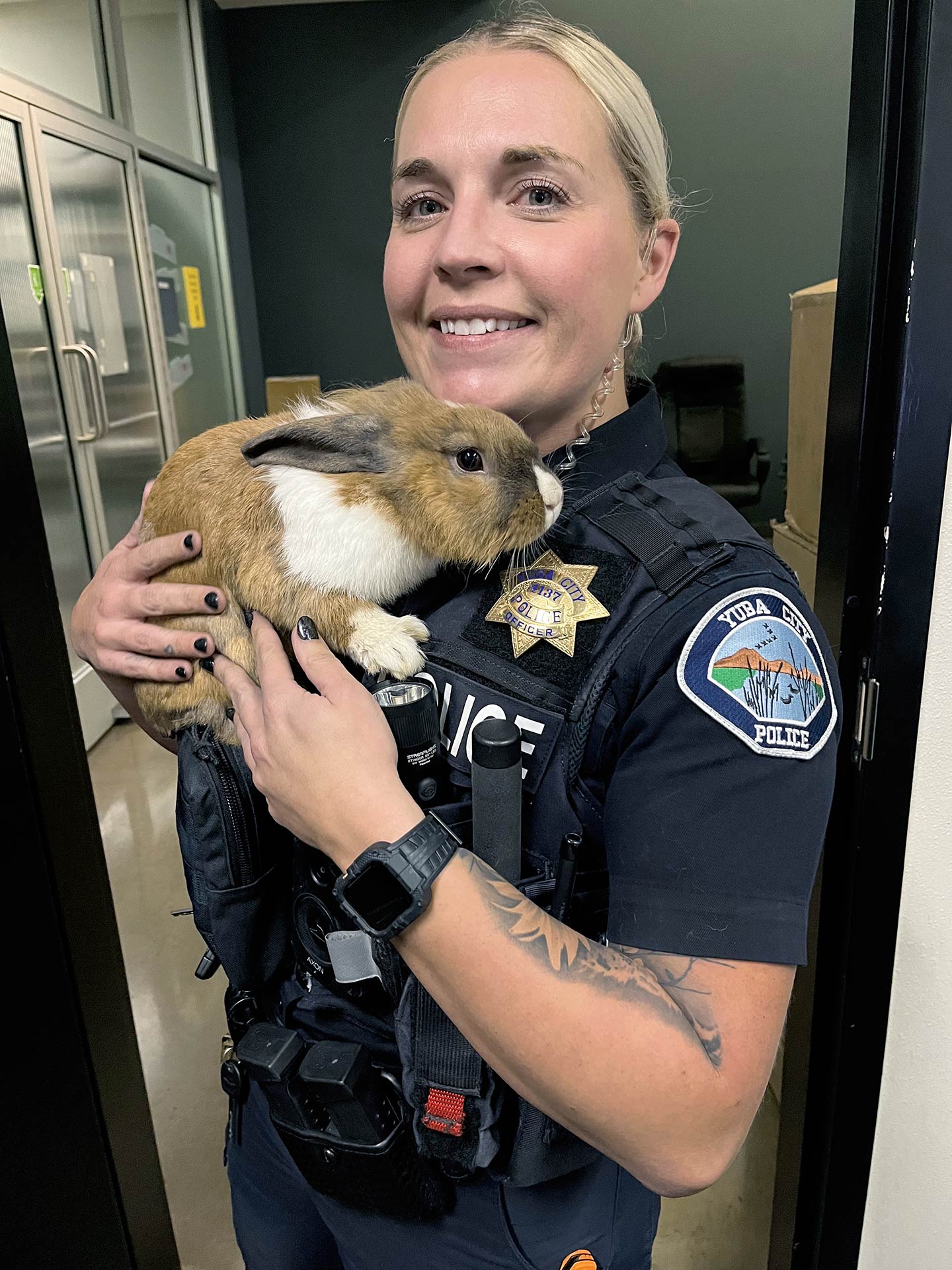 Officer-Ashley-Carson-holding-Percy-the-Support-Rabbit-on-the-night-she-found-him-yuba-city-police-department-ycpd