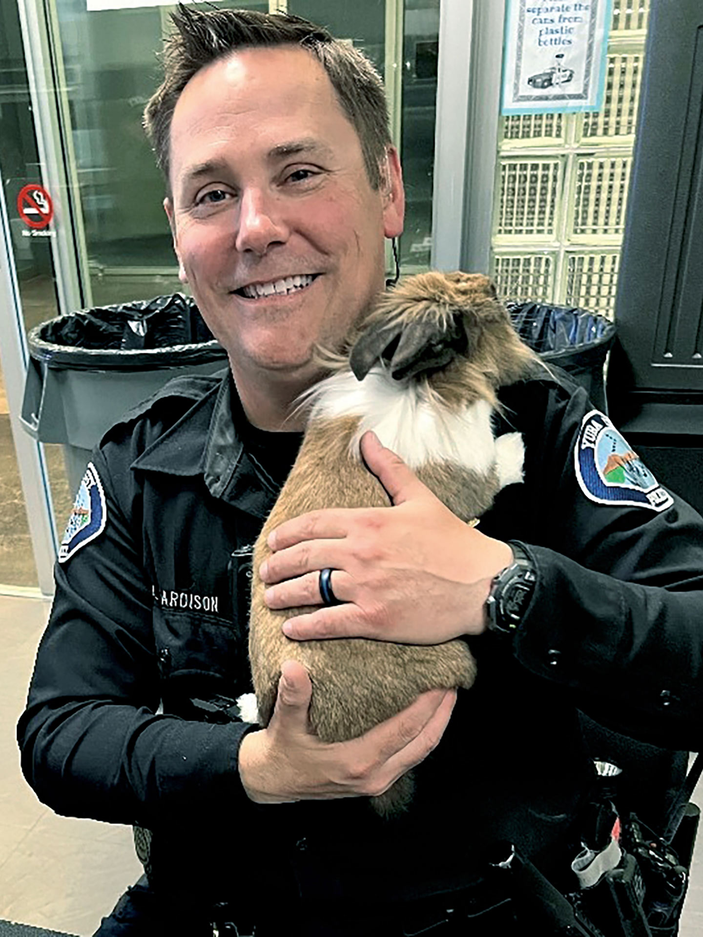 Percy-the-Support-Rabbit-providing-emotional-support-to-Officer-Hardison-yuba-city-police-department-ycpd-alt